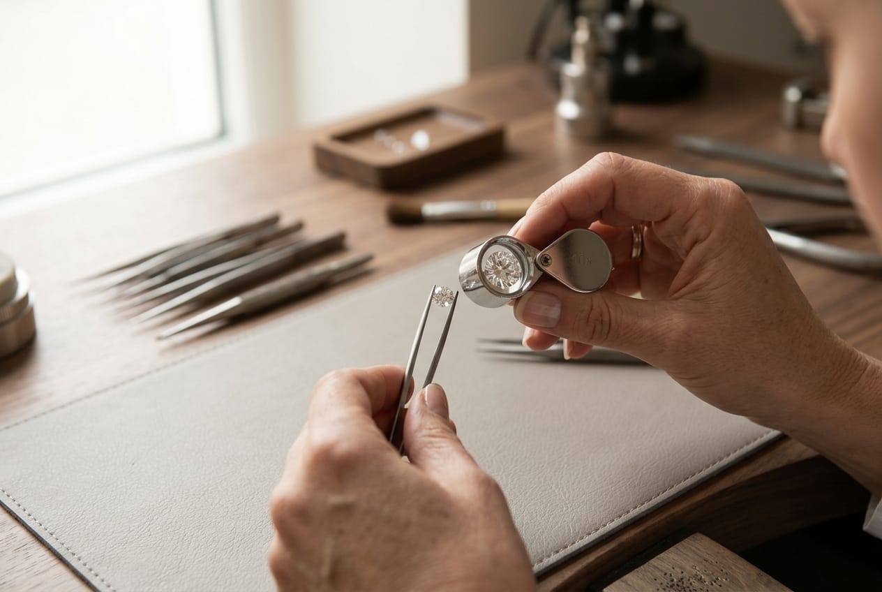 A jeweller examining a loose diamond through a loupe at a workshop bench.