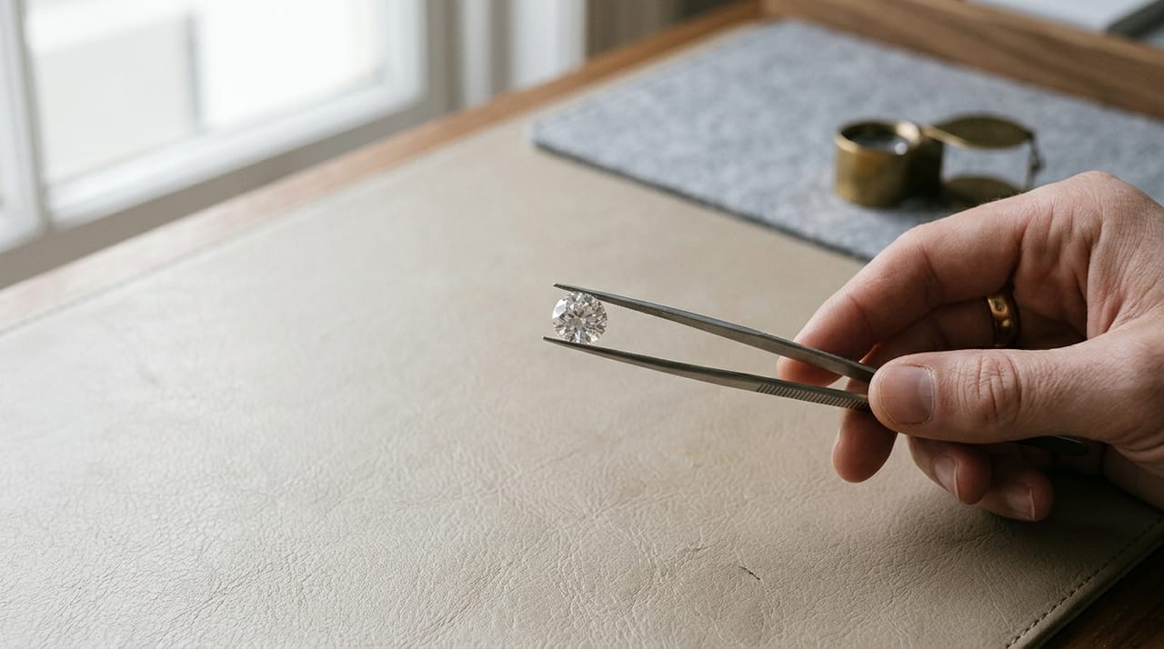 A loose round-brilliant diamond on a warm-neutral surface, held in jeweller's tweezers.