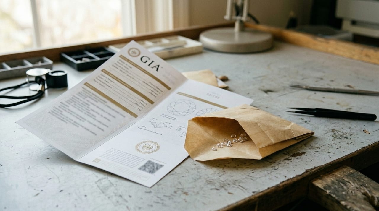 A close-up of a GIA grading report alongside a paper-folded packet of loose stones.