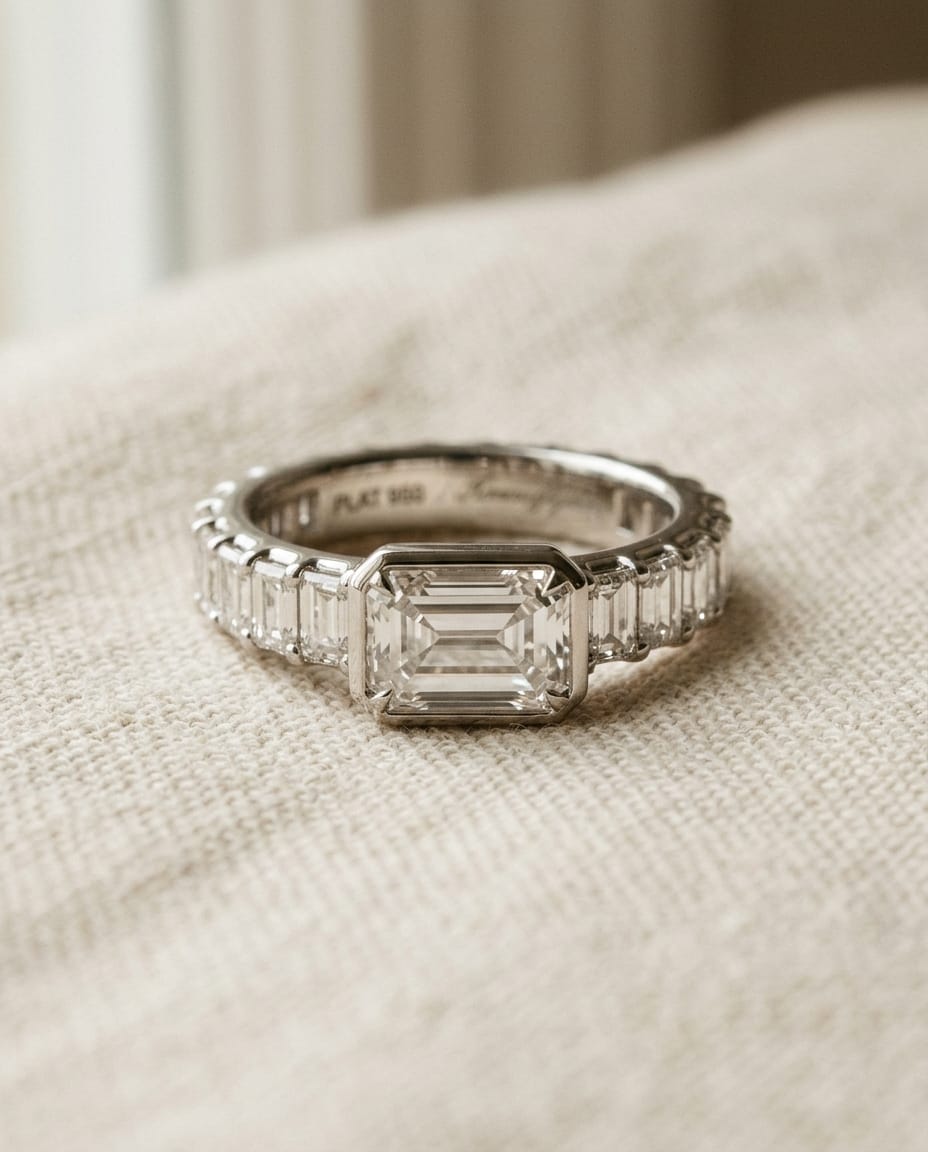 A platinum east-west emerald-cut diamond band photographed on a soft cream surface in window light.