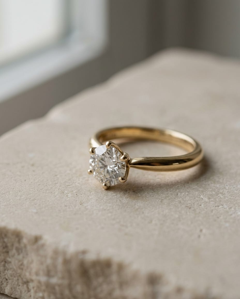 A bespoke yellow-gold solitaire engagement ring resting on a warm-neutral surface, soft daylight from the left.