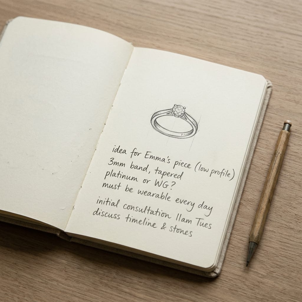 An open notebook with a pencil sketch of a ring and handwritten design notes.