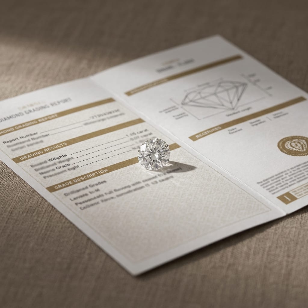 A diamond grading report laid open with a loose round diamond resting on it.