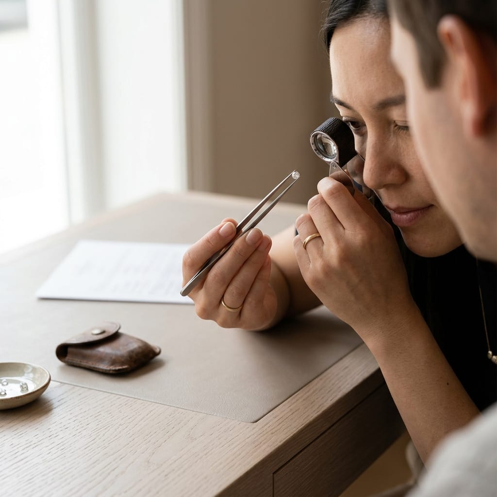 Two people at a workshop counter, one inspecting a diamond through a loupe.