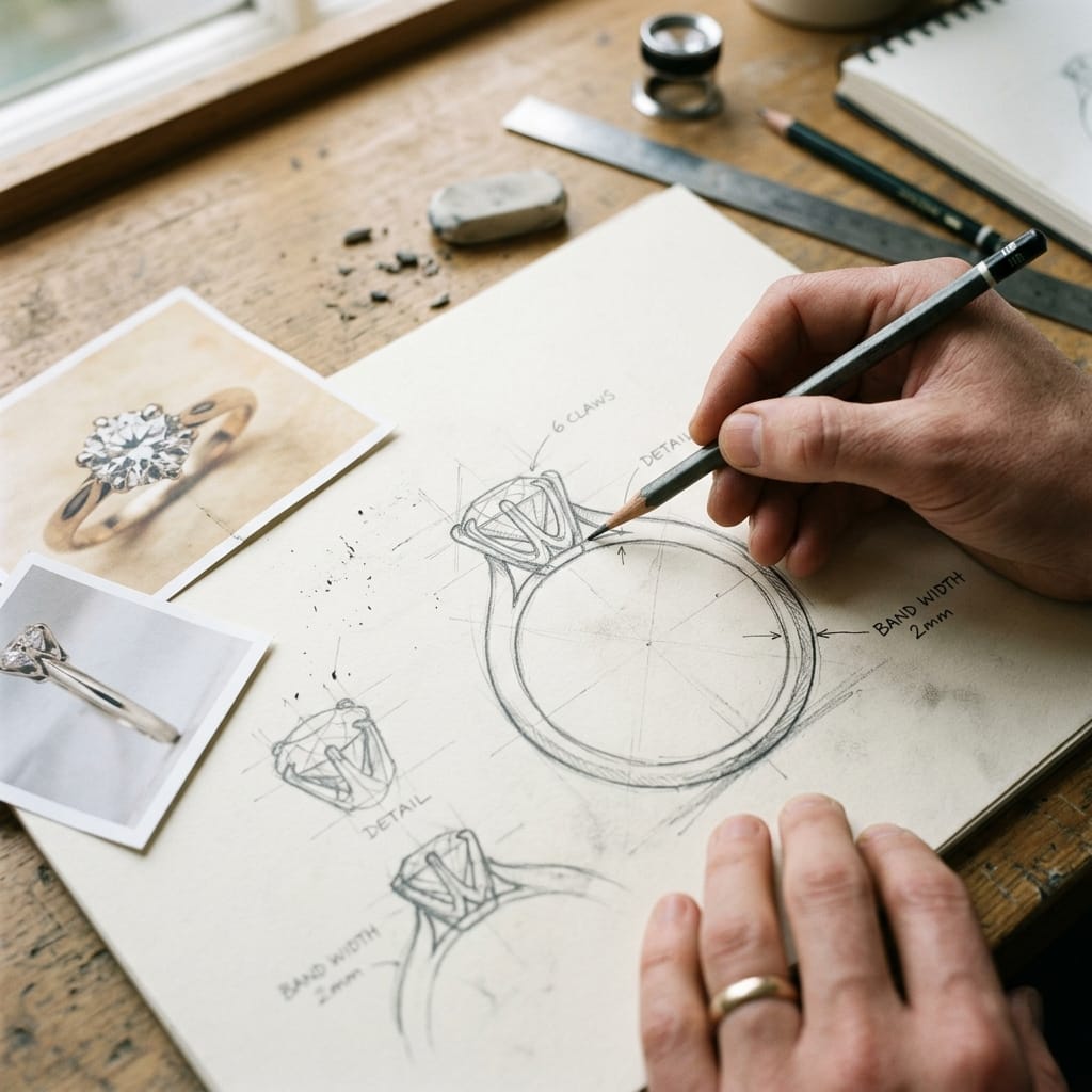A hand sketching a ring design in pencil beside reference photographs.