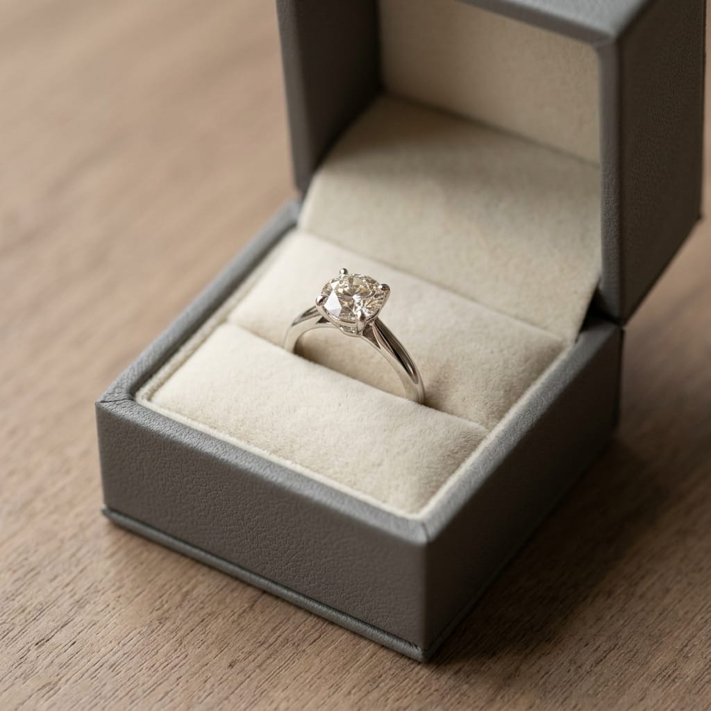 A finished solitaire engagement ring in an open presentation box.